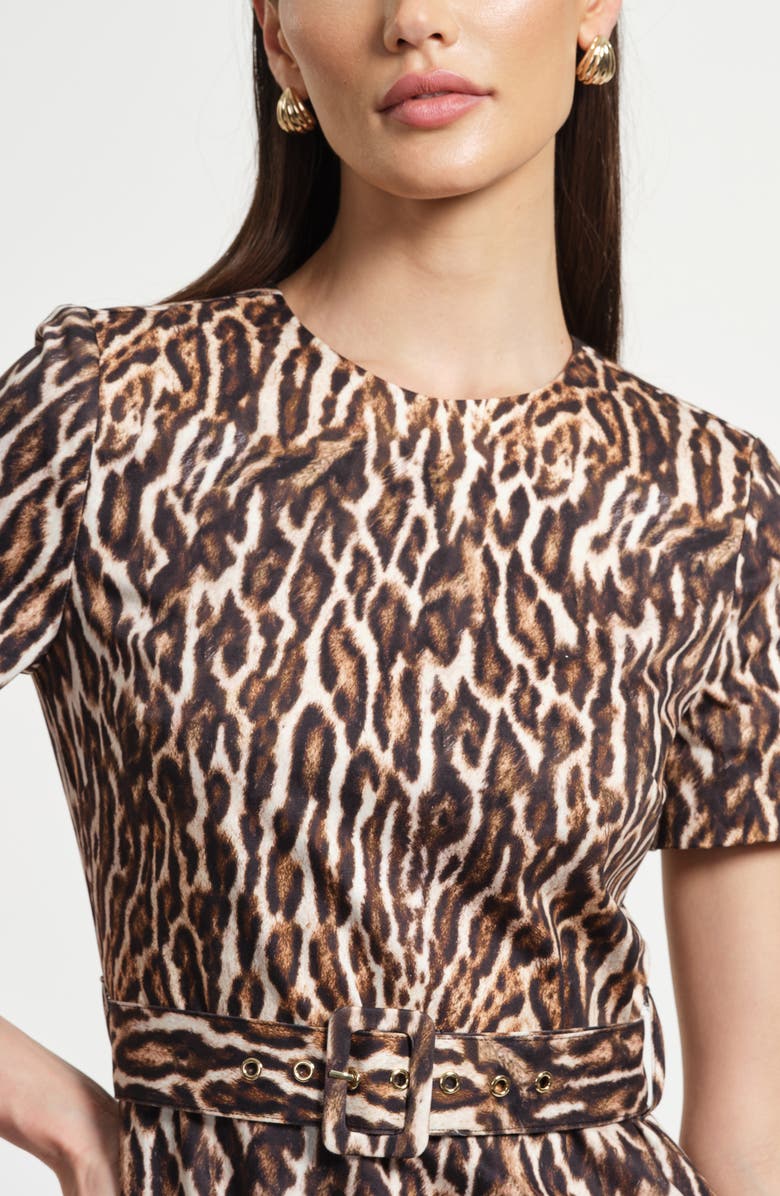 Isaac Mizrahi New York Tie Dye Pleated Belted Drop Waist Stretch Cotton Minidress, Alternate, color, Leopard