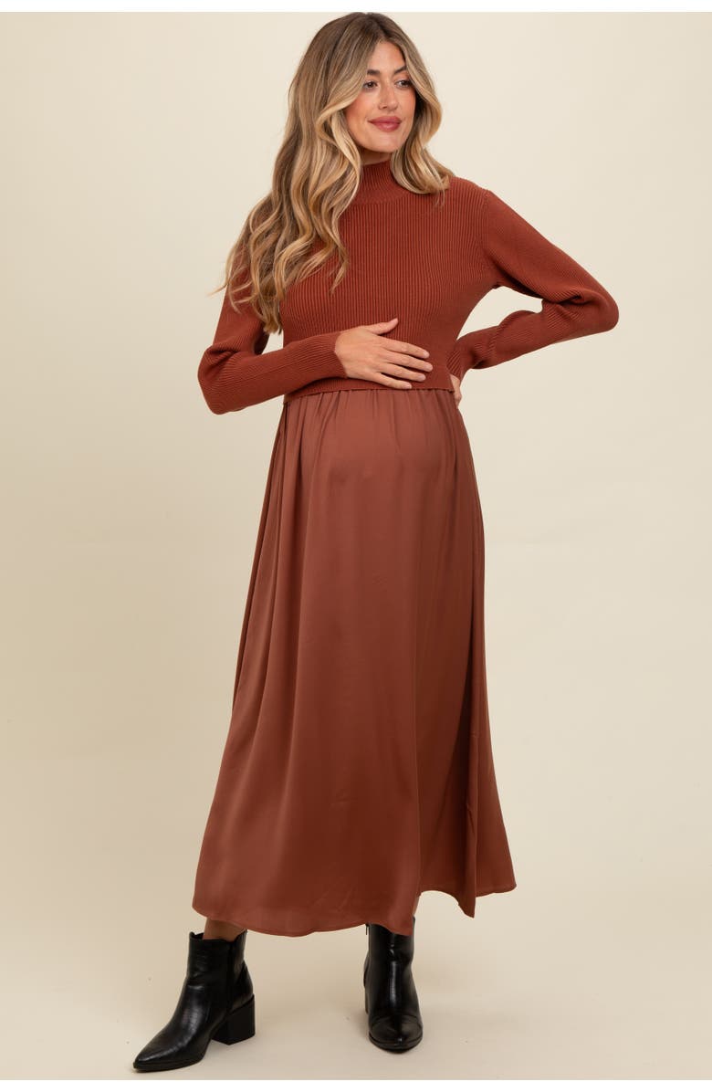 PinkBlush Knit Contrast Top Satin Midi Dress, Alternate, color, Brown