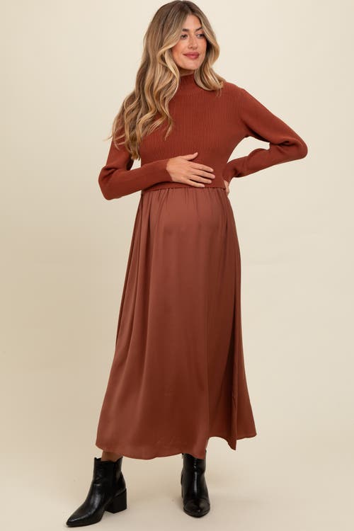 Pinkblush Knit Contrast Top Satin Midi Dress In Brown