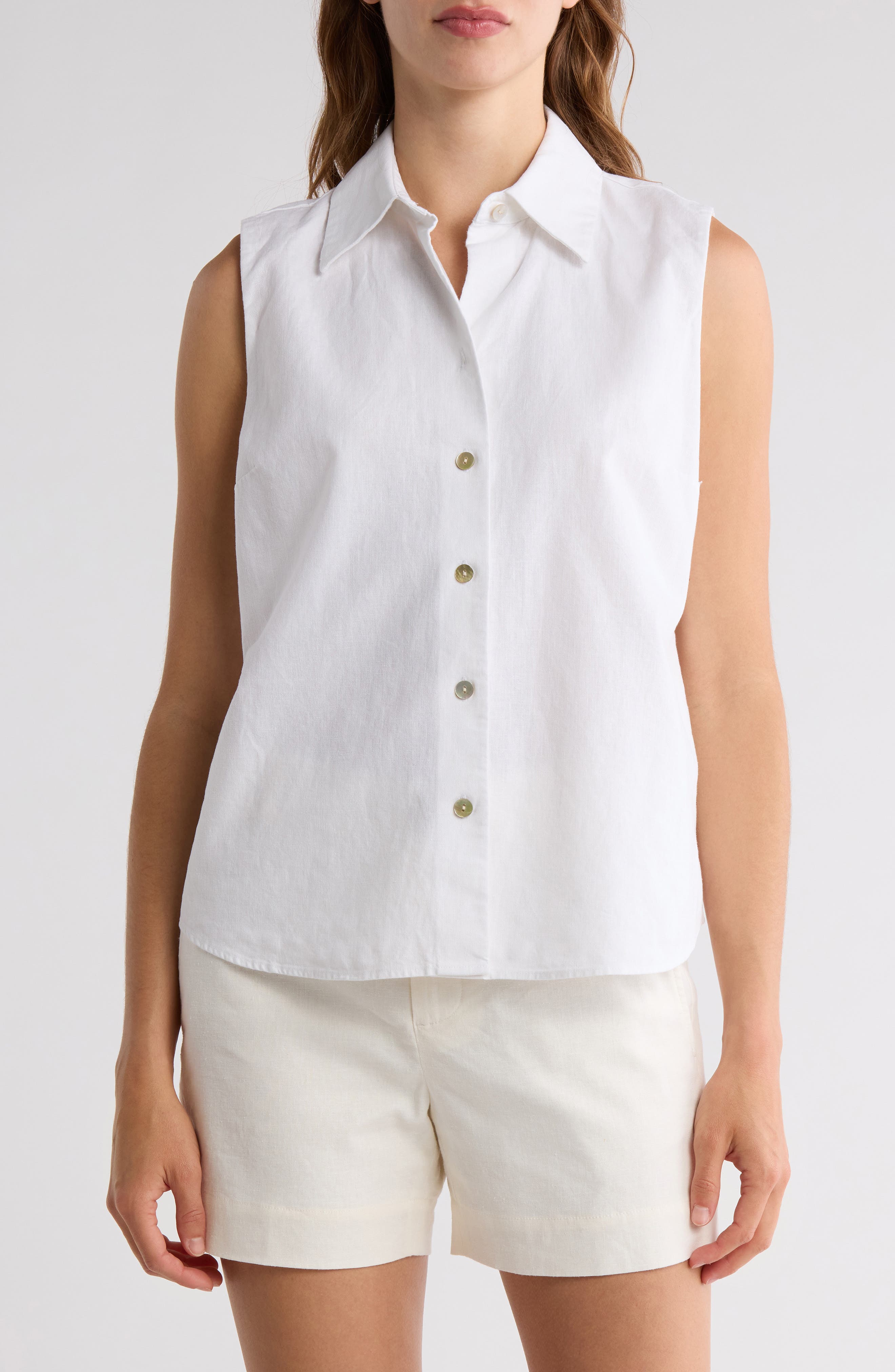 Vince Sleeveless Cotton Blend Button-Up Shirt