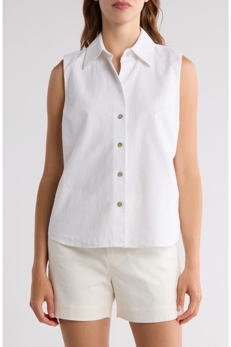 Sleeveless Cotton Blend Button-Up Shirt, Main, color, OPTIC WHITE