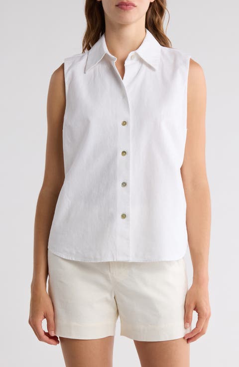Sleeveless Cotton Blend Button-Up Shirt