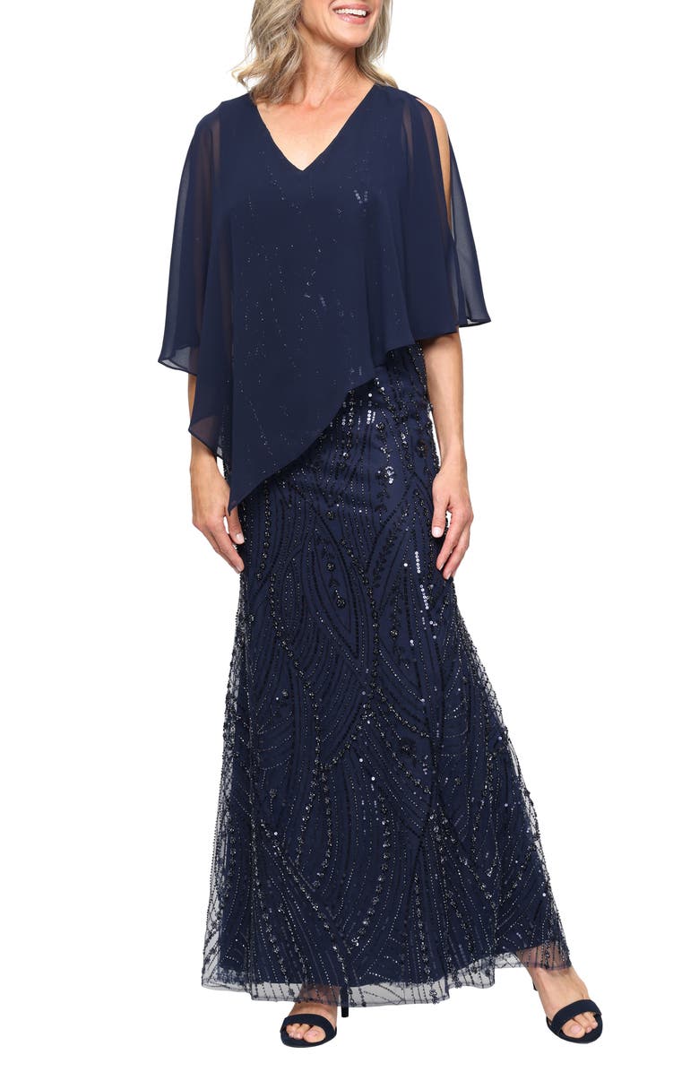 SL FASHIONS Embellished Chiffon & Mesh Gown, Main, color,