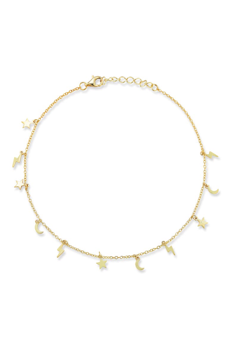 Star, Moon & Lightning Bolt Charm Anklet, Main, color, GOLD