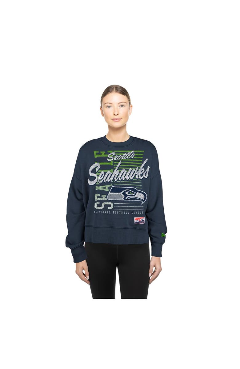 New Era Women
s New Era College Navy Seattle Seahawks Oversized Throwback Mineral Wash Crew Neck Sweatshirt, Alternate, color, College Navy