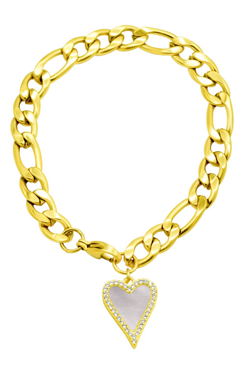 Adornia Water Resistant Crystal & Mother of Pearl Heart Figaro Chain Bracelet, Main, color, 