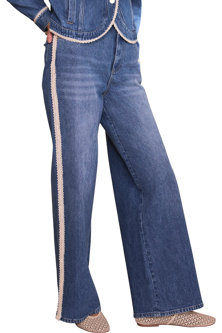 Lace Trim Straight Jeans, Main, color, Blue