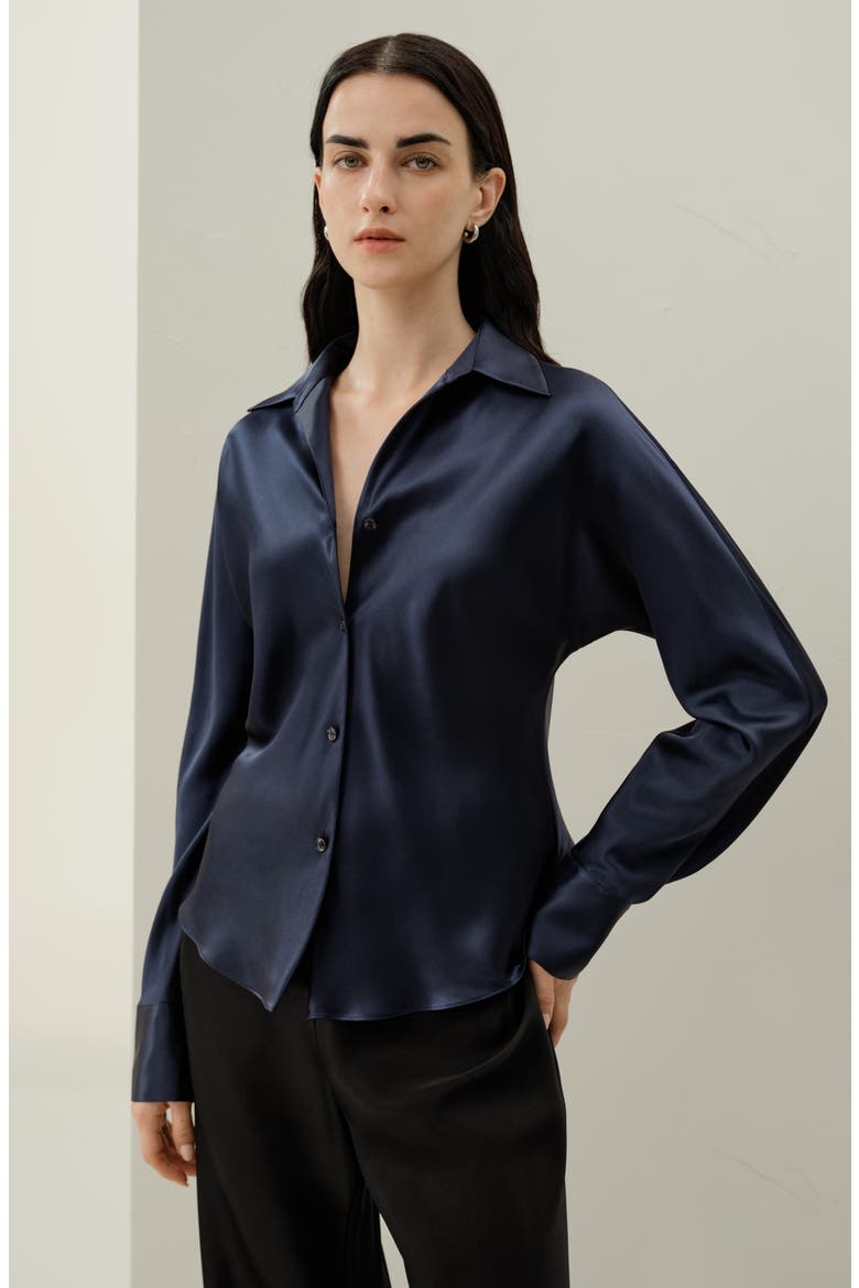 Women's Bias Cut Silk Shirt, Alternate, color, Navy Blue