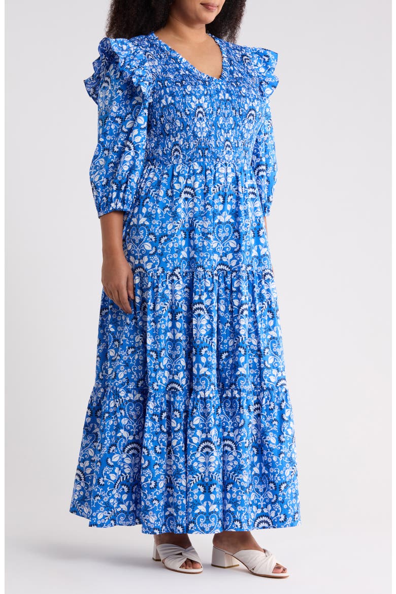 Lulu Floral Brighton Smocked Maxi Dress, Alternate, color, LIGHT-BLUE-WHITE