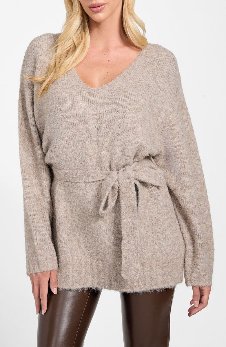 GUESS Kiyoka Tie Waist Tunic Sweater, Main, color, Flax-Light