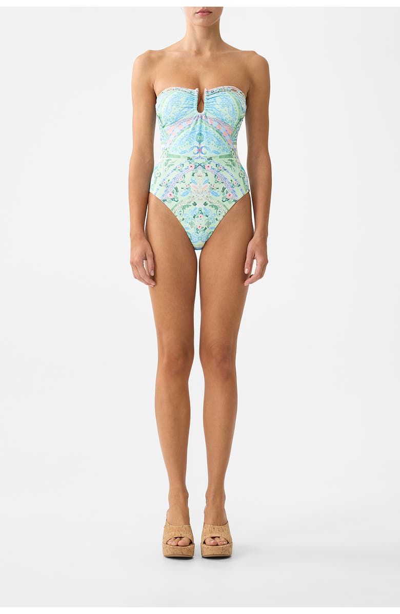 Camilla Gathered Bandeau One Piece W U Ring Front, Main, color, Midsummer Mosaics