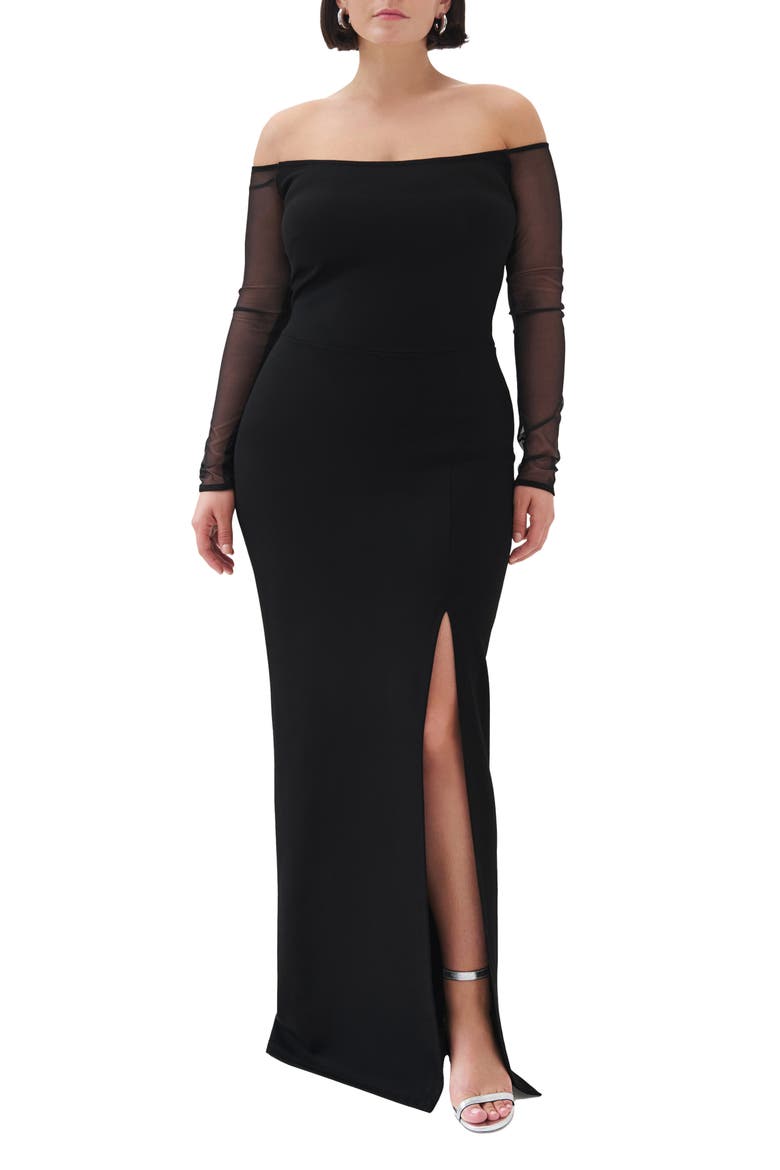 Marian Off the Shoulder Mesh Long Sleeve Gown, Alternate, color, BLACK