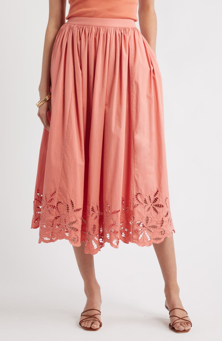 Nordstrom Schiffly Embrodiered Hem Cotton Midi Skirt, Main, color, Coral Apricot