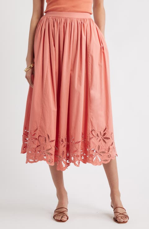 Schiffly Embrodiered Hem Cotton Midi Skirt