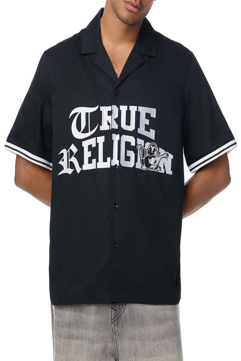 Sateen Graphic Camp Shirt, Main, color, JET BLACK