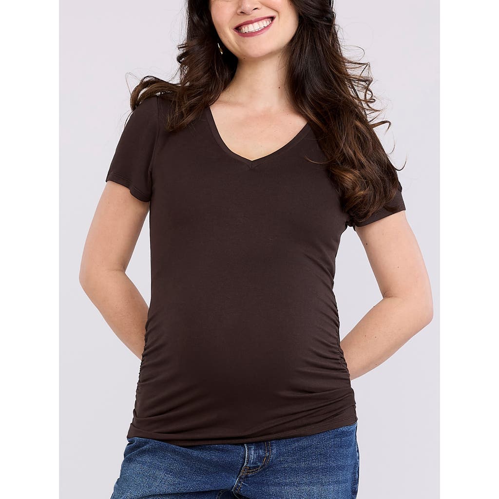 Motherhood Maternity V-neck Side-ruched Maternity Short Sleeve Tee In Brown