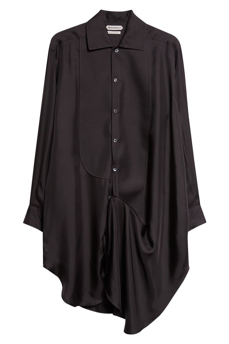 Draped Long Sleeve Silk Tuxedo Shirtdress, Alternate, color, BLACK
