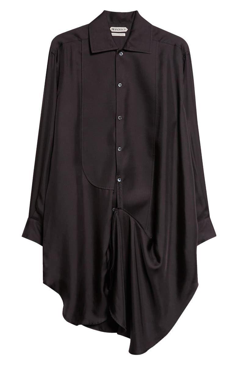 JW Anderson Draped Long Sleeve Silk Tuxedo Shirtdress, Main, color, Black