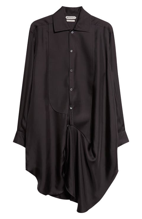 Draped Long Sleeve Silk Tuxedo Shirtdress