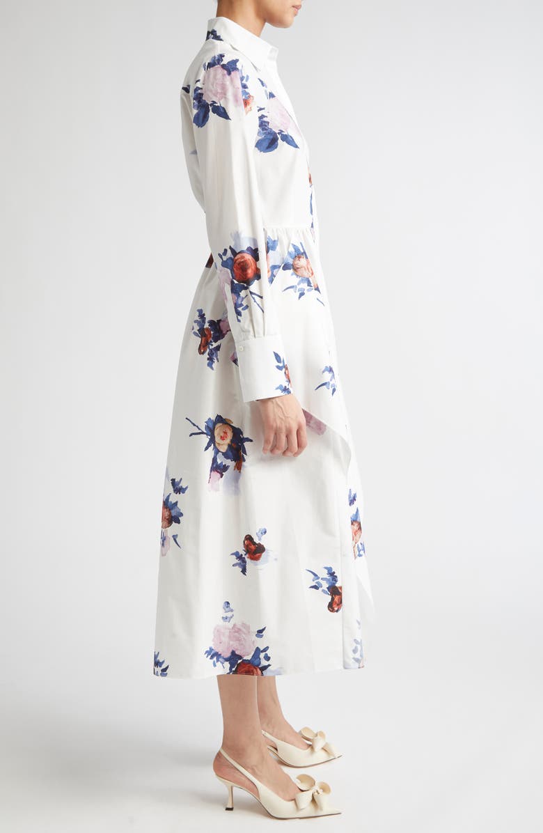 Erdem Long Sleeve Organic Cotton Poplin Shirtdress, Alternate, color, Painted Rose Bouquet White