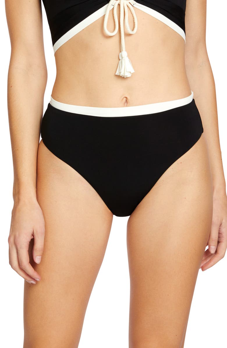 Robin Piccone Tierna High Waist Bikini Bottoms, Main, color, Black/ Cream