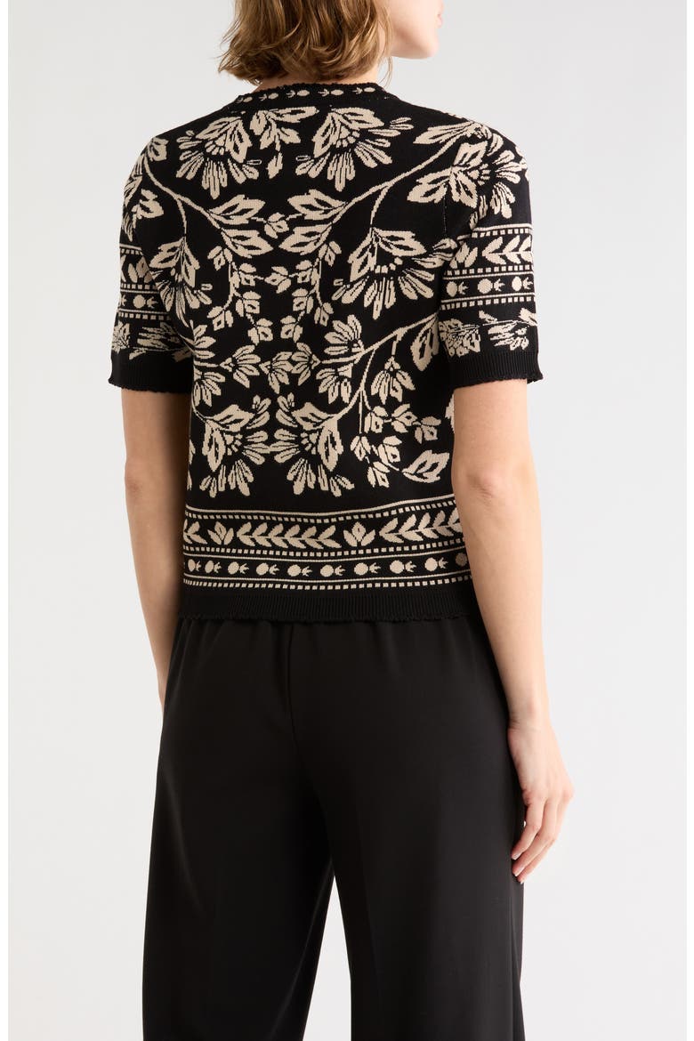 Short Sleeve Cardigan, Alternate, color, BLACK / IVORY FLORAL JACQUARD