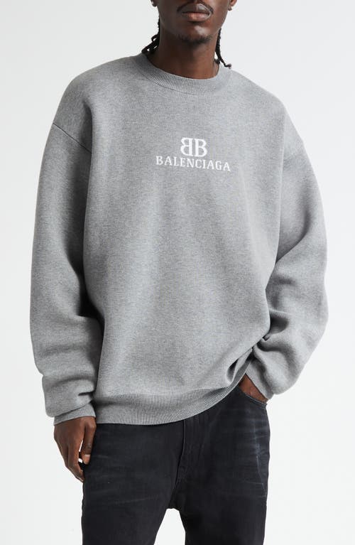 Balenciaga BB Logo Jacquard Crewneck Sweater in Heather Grey/White 