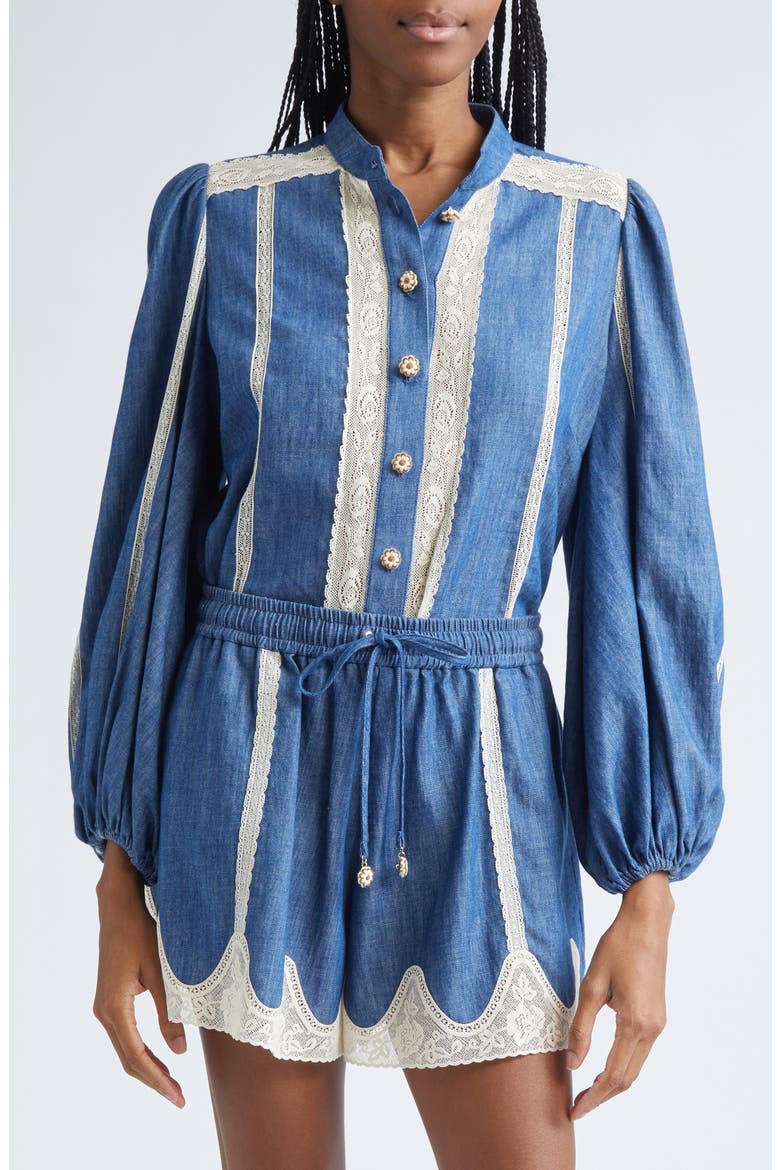 Awaken Lace Trim Denim Shirt, Alternate, color, RAILWAY BLUE