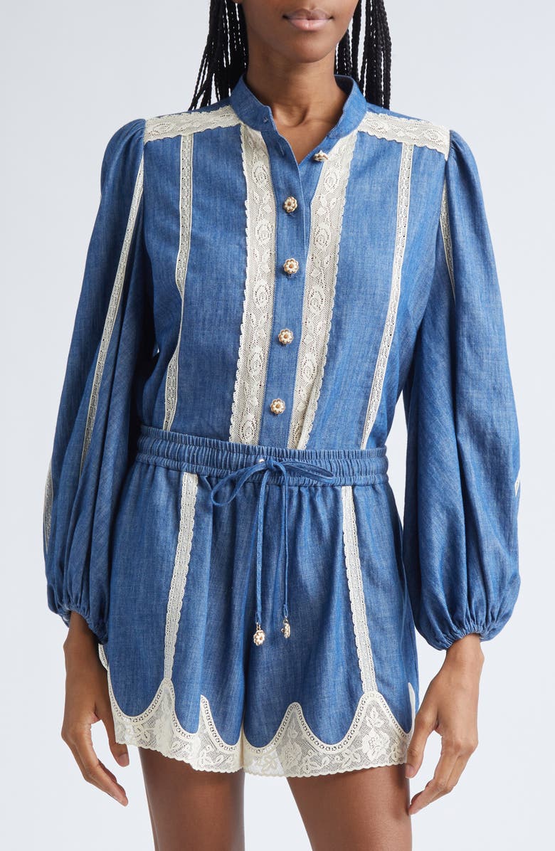 Zimmermann Awaken Lace Trim Denim Shirt, Alternate, color, Railway Blue