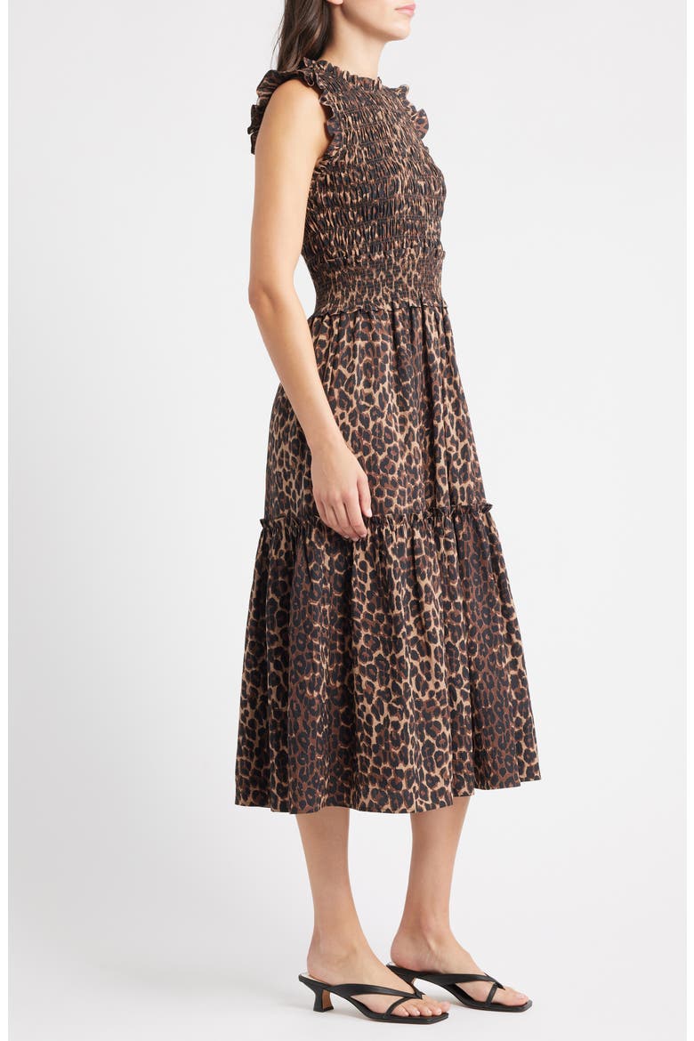 Vivier Leopard Print Smocked Midi Dress, Alternate, color, BROWN NALA