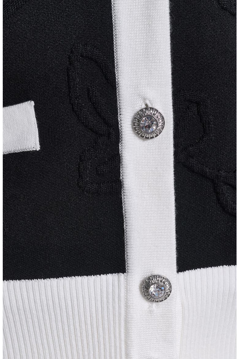 Jacquard Pattern Crewneck Cardigan, Alternate, color, BLACK/ SOFT WHITE
