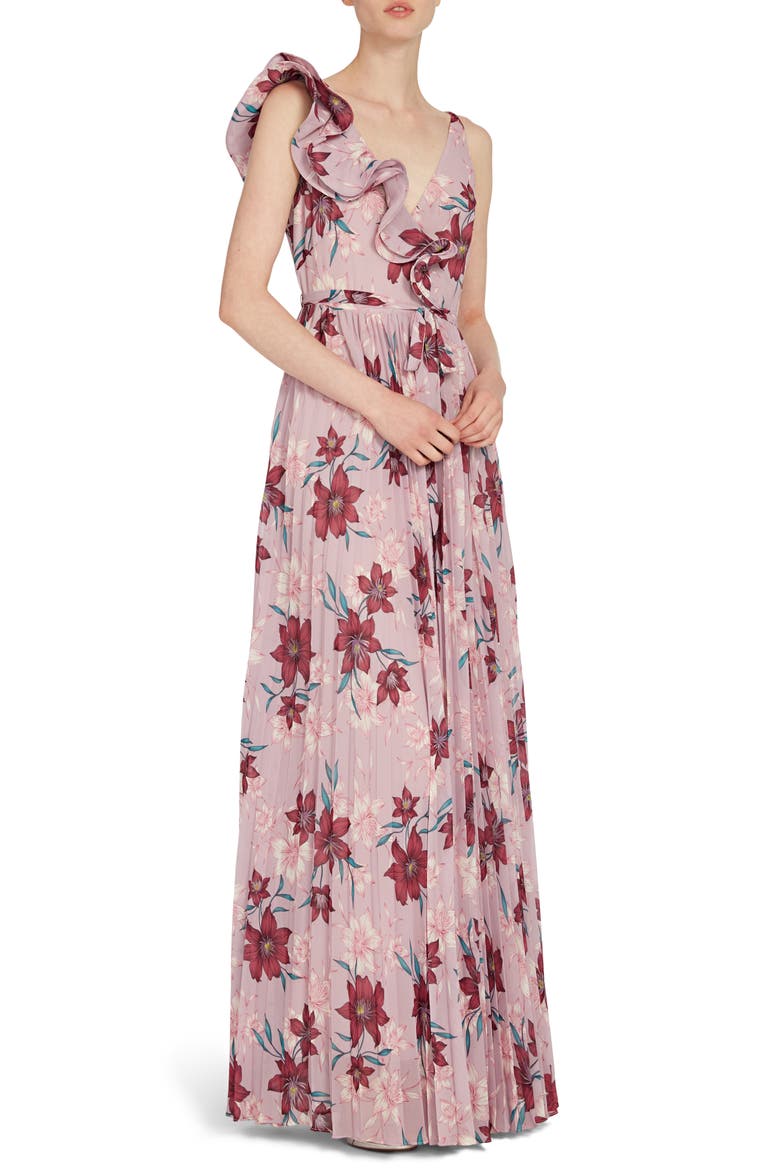 Ruffle Shoulder Floral Chiffon Gown, Main, color, LILAC MULTI