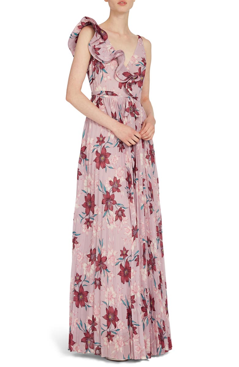 ML Monique Lhuillier Ruffle Shoulder Floral Chiffon Gown, Main, color, 