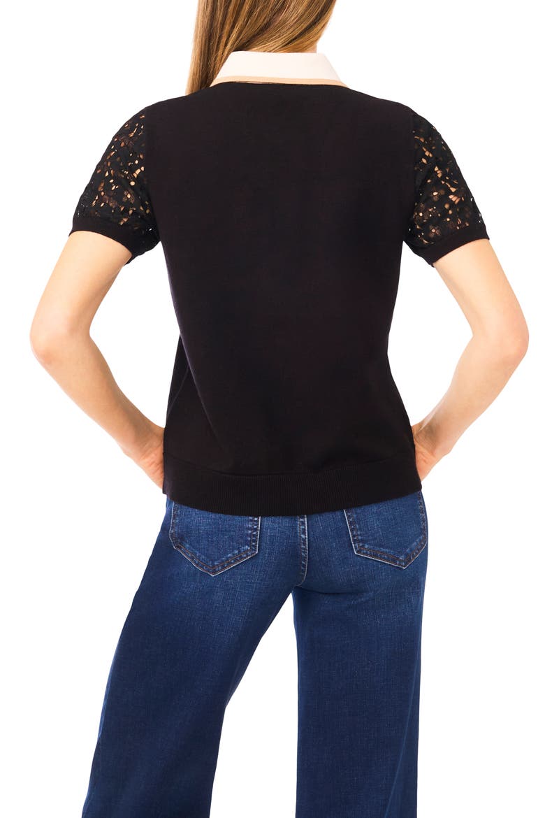 Lace Sleeve Polo Sweater, Alternate, color, RICH BLACK