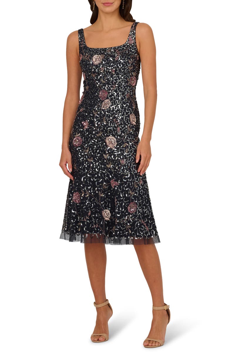 Adrianna Papell Sequin Floral Cocktail Midi Dress, Main, color,