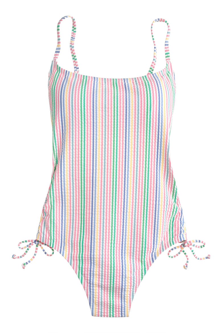 Ruched Seersucker One-Piece Swimsuit, Alternate, color, BLUE MULTI