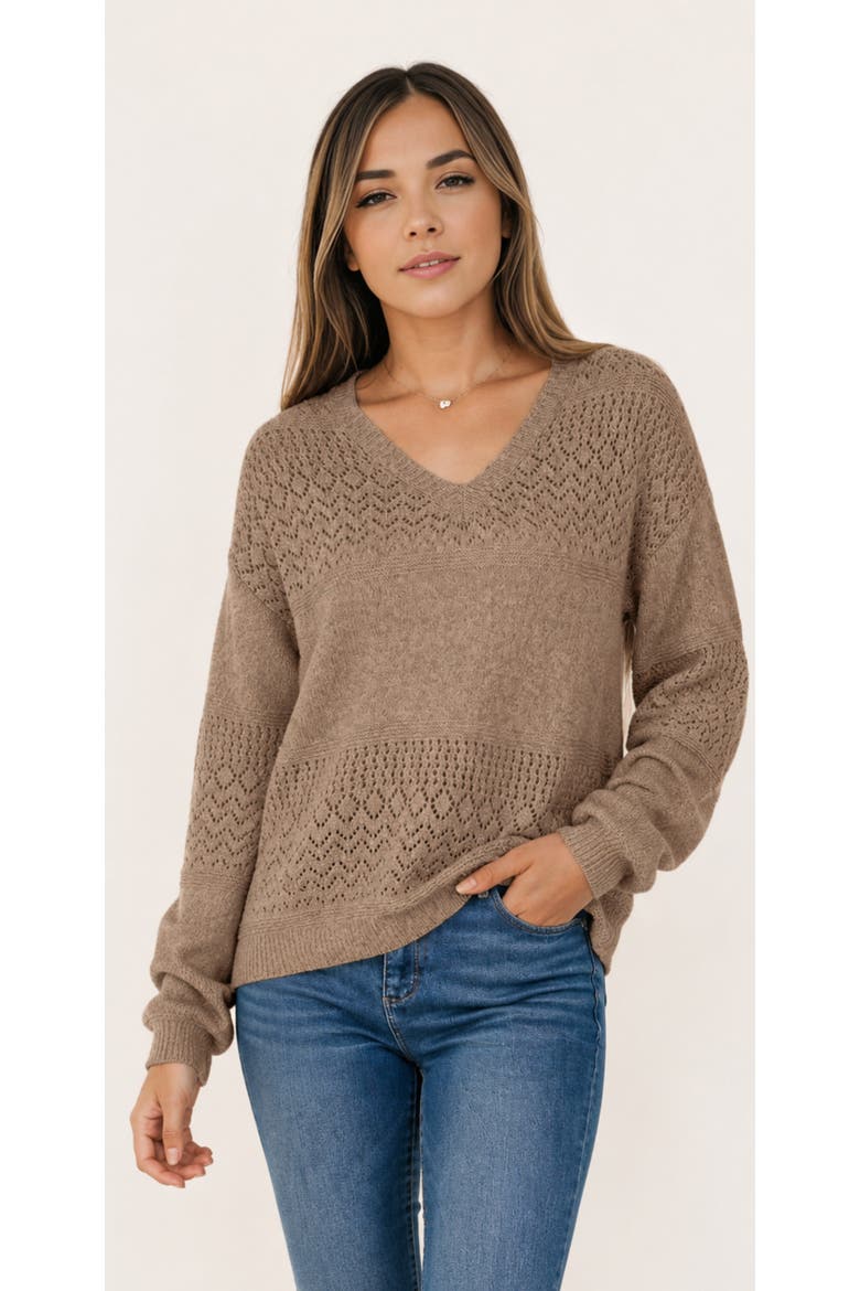 Pointelle Knit V-Neck Sweater, Main, color, Coffee Brown
