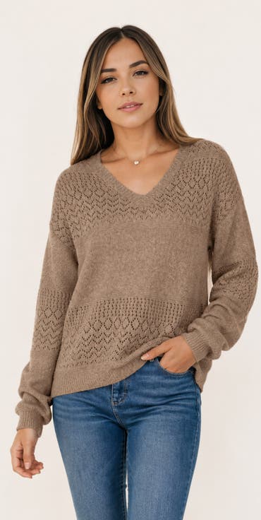 Pointelle Knit V-Neck Sweater