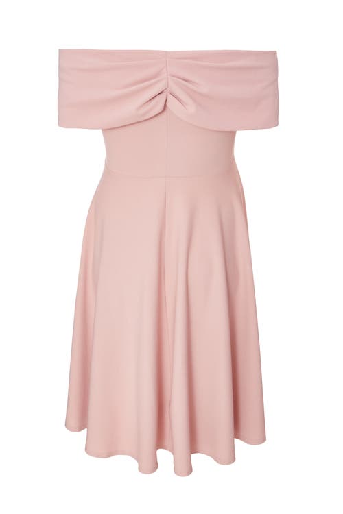 Quiz Plus Size Scuba Crepe Bardot Wrap Midi Skater Dress In Blush