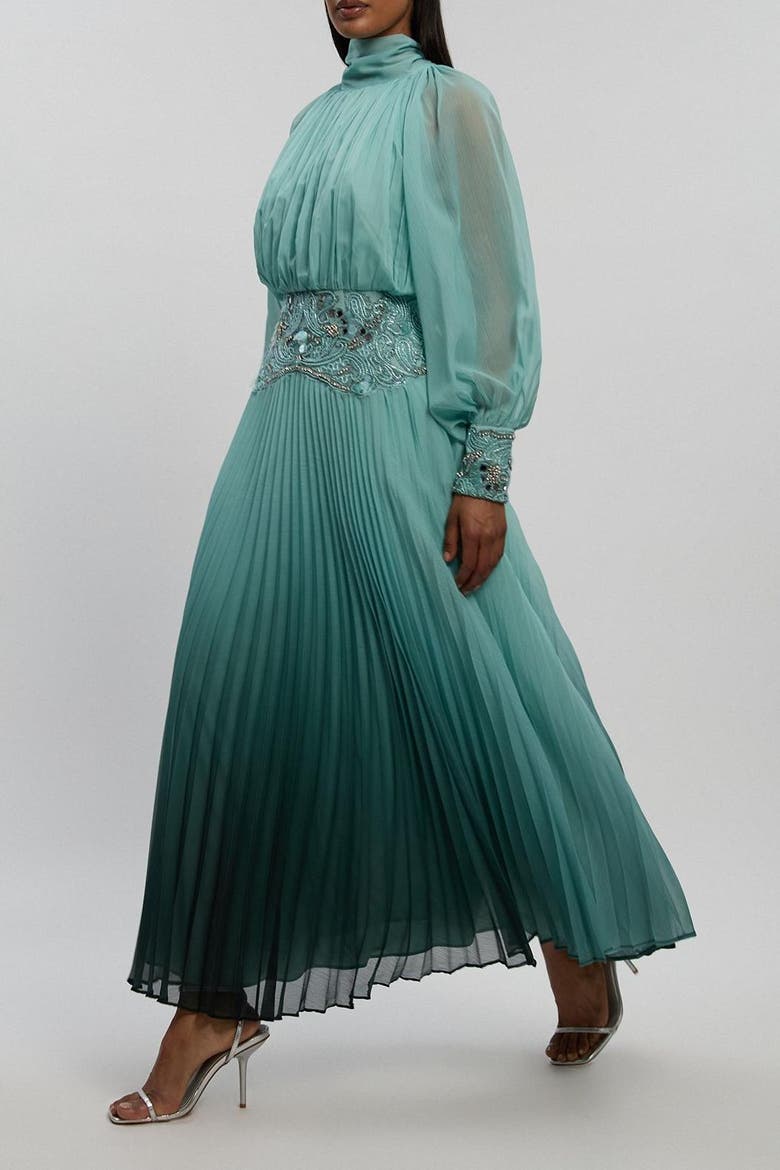Long Sleeve High Neck Pleated Maxi Dress, Alternate, color, Green
