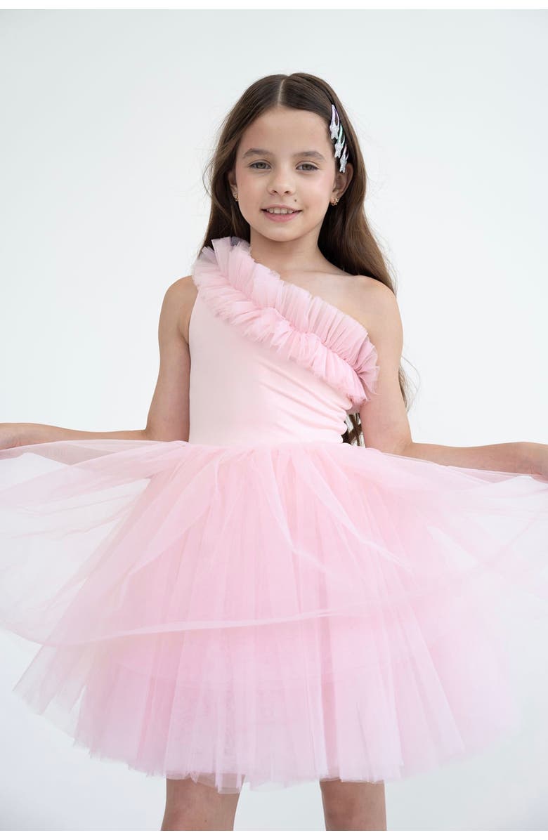 Mini Celebrities Pinky One Shoulder Ruffle Tulle Dress, Alternate, color, Pink Rose