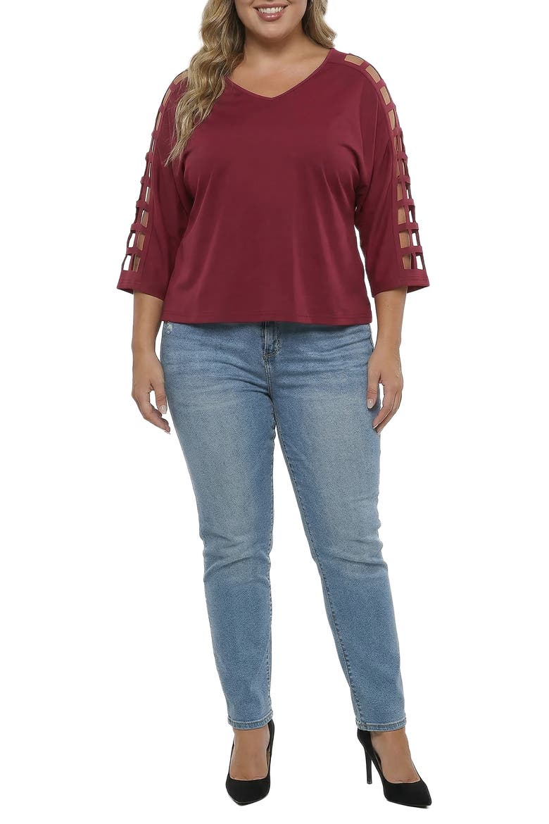 Cutout Sleeve V-Neck Top, Alternate, color, BURGUNDY