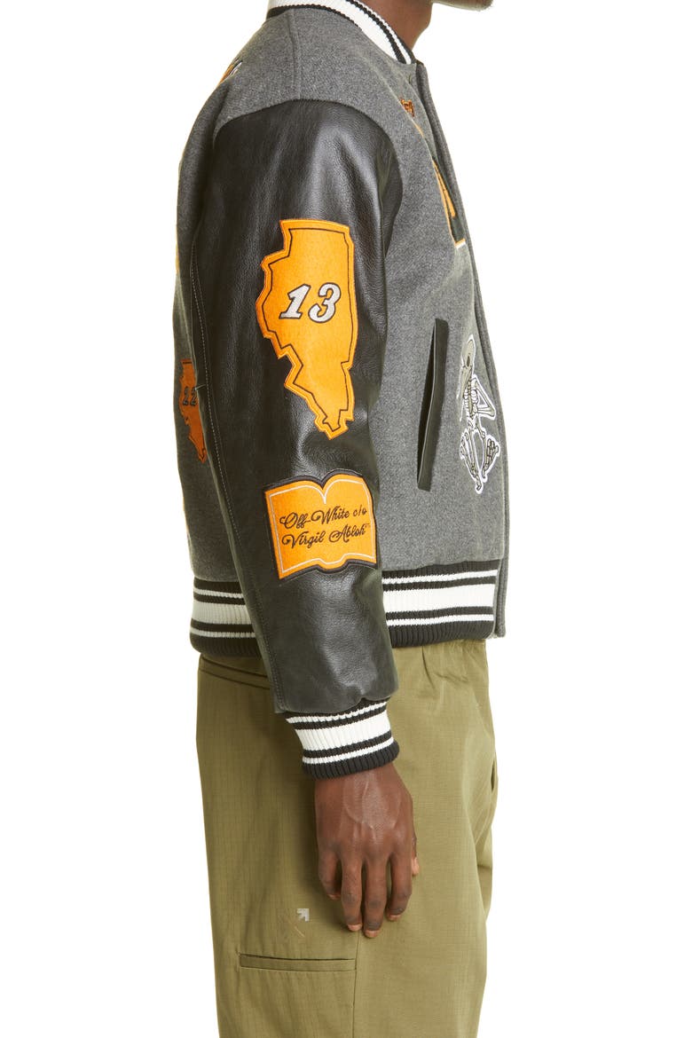 Logo Leather Sleeve Varsity Jacket, Alternate, color, MEDIUM GREY MULTICOLOR