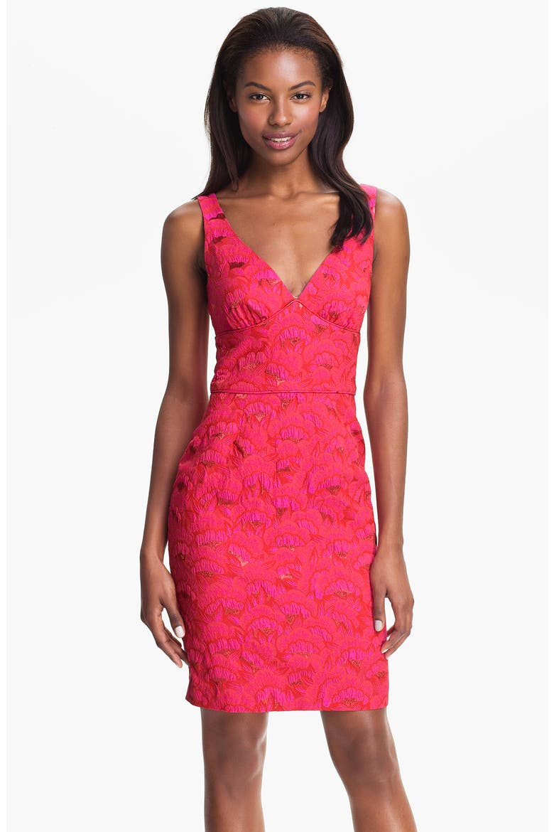 'Miss Caruso' V-Neck Floral Jacquard Sheath Dress, Main, color, CHERRY