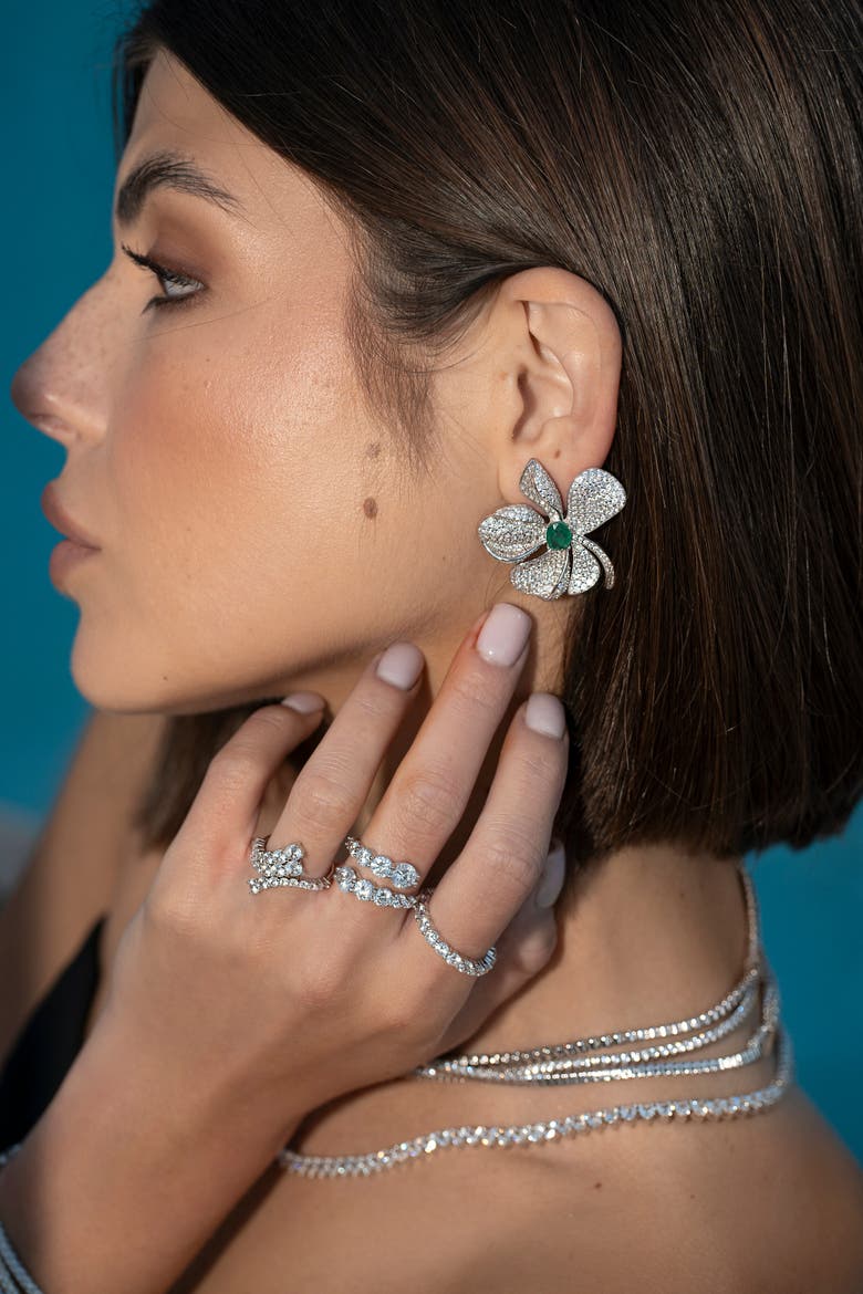 Fleur pave emerald flower earrings, Alternate, color, green