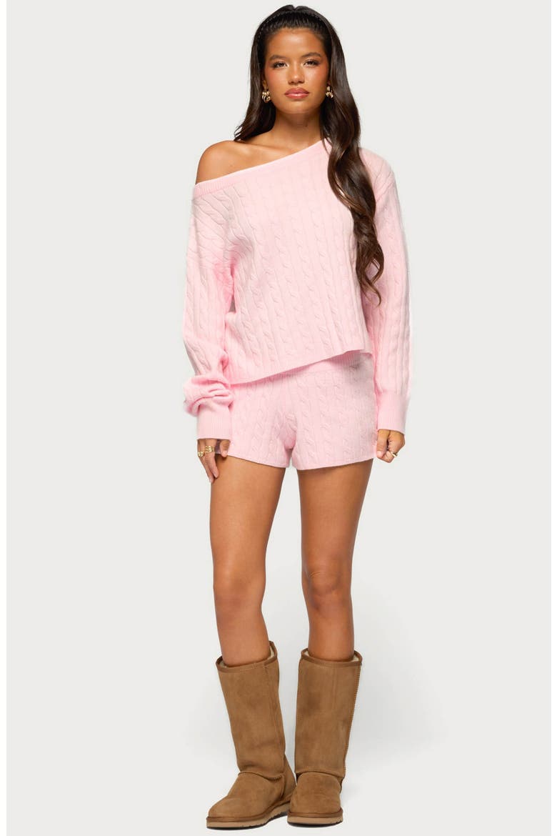 Coralee Off the Shoulder Cable Knit Sweater, Alternate, color, LIGHT-PINK