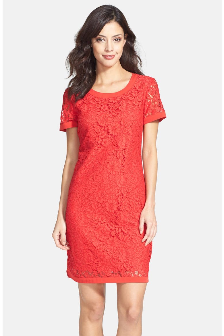 SHORT SLEEVE LACE SHIFT DRESS, Main, color, VERMILLION