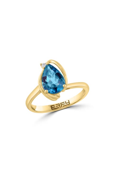 14K Gold Plated Sterling Silver Blue Topaz & Diamond Ring