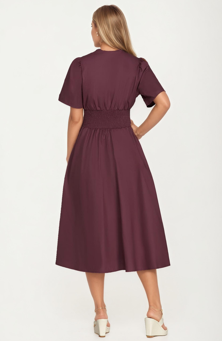 Knit and Lounge Zip-Front Smocked Waist Short Sleeve Midi Dress, Alternate, color, Burgundy