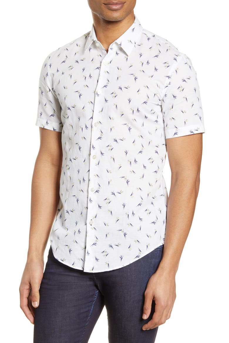 Ronn Slim Fit Print Short Sleeve Button-Up Linen & Cotton Shirt, Main, color, WHITE